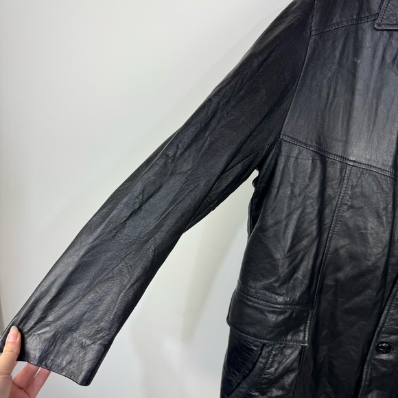 Vintage Phase Two 2 Black Leather Pea Coat Blazer Neutral y2k retro Fur lined - Picture 3 of 6